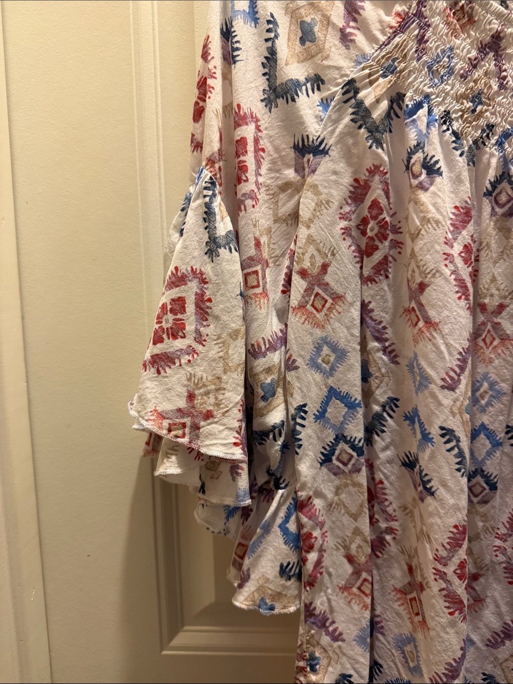 Cato White Boho Smocked-Neck Blouse with Maroon & Blue Pattern (M) - Picture 4 of 8